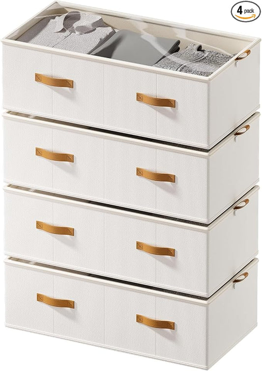 FHSQX 4 Pack Under Bed Storage Bins,10 Inch Tall,White, 31.5x15.8x10 inch | Clear Window, For Closet, Bed Sheets and Blankets