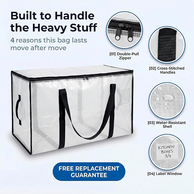 ClearSpace Oversized Moving Bags or Storage Bag – Large Moving Boxes with Backpack Straps, Zippers & Handles – Heavy-Duty Packing Bags for Moving, College Dorm, Christmas Decorations, 8 Pack.