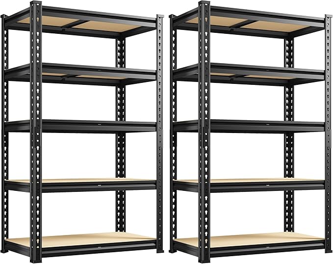 REIBII Set of 2 Storage Shelves,Heavy Duty Garage Shelving for Basement | 2000LBS Metal Shelves,5-Tier,Rolled Edge,for Industrial Warehouse Pantry School Education Shop Commercial,27.6"Wx11.8"Dx60"H