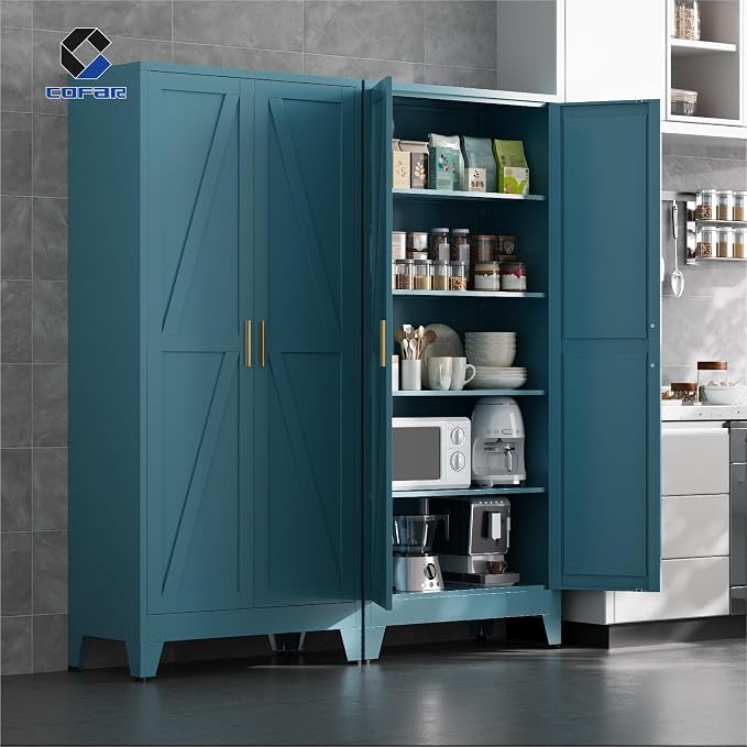 COFaR 71'' Tall Metal Storage Cabinet, Farmhouse Kitchen Pantry Cabinet with Doors and 4 Adjustable Shelves, Metal Pantry Storage Cabinets for Kitchen, Laundry, Peacock Blue 5-Tier