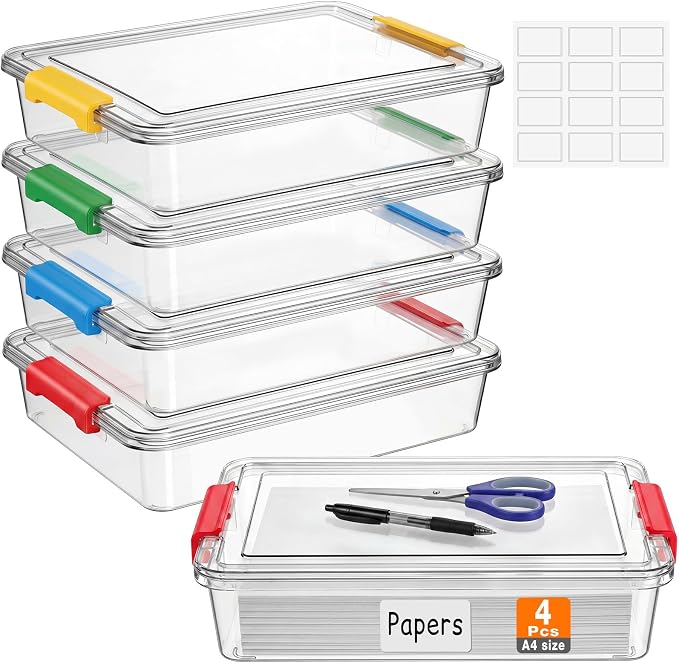 Fullhawl 4 Pcs Thickened Paper Storage Bin with Latching Lid, Label Clear Plastic Stackable Letter Size Tray Storage Container Arts Crafts Classroom Office Home Teacher Sorting (Rainbow)