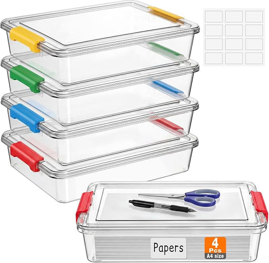 Fullhawl 4 Pcs Thickened Paper Storage Bin with Latching Lid, Label Clear Plastic Stackable Letter Size Tray Storage Container Arts Crafts Classroom Office Home Teacher Sorting (Rainbow)
