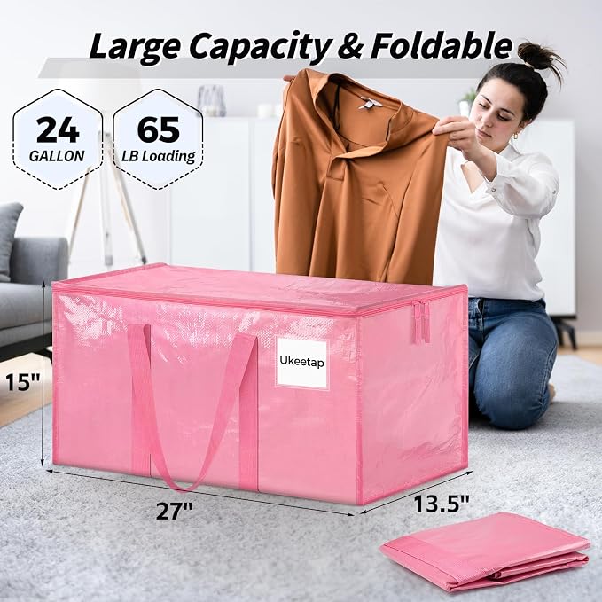 16 Pack Extra Large Clothes Storage Bins with Lids, Storage Bags with Reinforced Handles & Heavy-Duty Zippers, Moving Bags, Moving Boxes Totes for Clothes Packing, Dorms, College Supplies, Pink