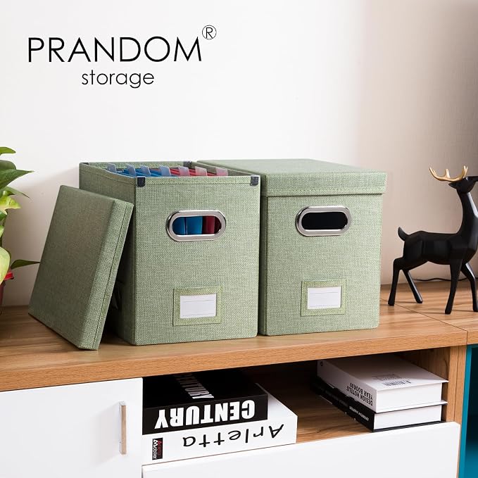 File Organizer Box - Set of 4 Collapsible Decorative Linen Filing Storage Hanging File Folders with Lids Office Cabinet Letter Size Green (14x9.3x10.8 inch)