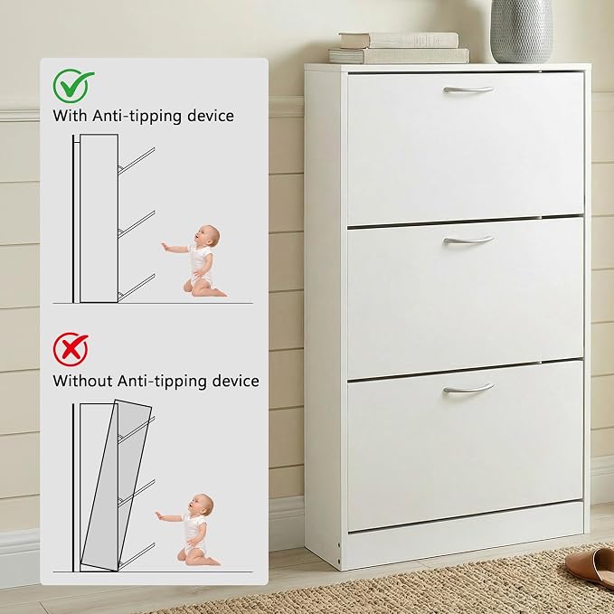 HOPUBUY Shoe Cabinet for Entryway, Narrow Shoe Storage with 3 Flip Drawers | Wood Slim Shoe Rack, 3 Tier Thin Shoe Organizer for Home and Apartment,White