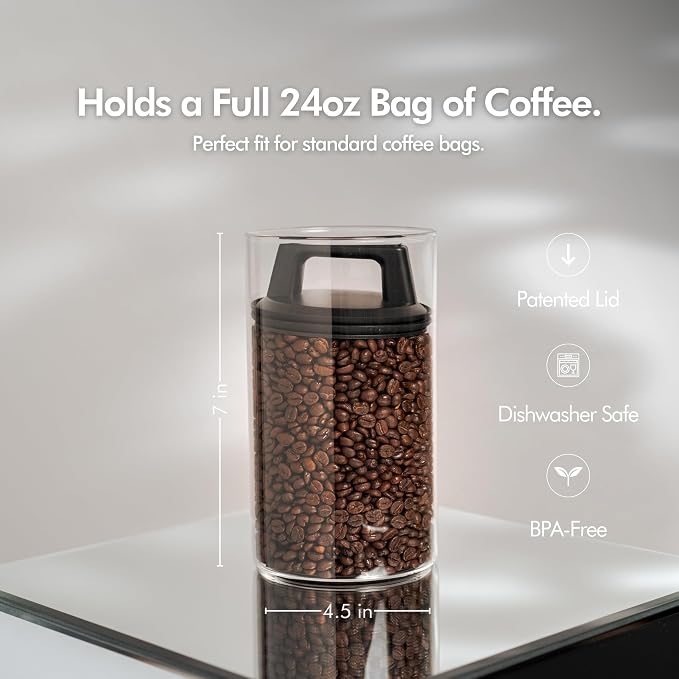 KIVY Vacuum Seal Coffee Canister (Glass) - Coffee Canister with Airtight Lid - Airtight Coffee Jar - Air Tight Coffee Container - Vacuum Storage