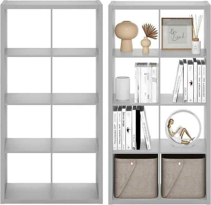 Furinno Cubicle Book Shelf Set of 2, 8-Cube Bookshelf, Light Grey | 14.6 x 30 x 57.9, Thick Frame, Horizontal & Vertical Reversible Bookcase, Open Back, for Living Room, Bedroom, Home Office