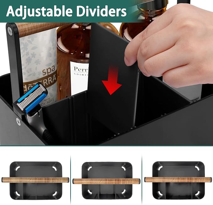 BYUNER Portable Shower Caddy Dorm: Bathroom Caddy Organizer with Handle and Adjustable Dividers,Plastic Shower Basket for Toiletry,Makeup,Vanity,Shower Storage Tote for College, Cleaning Caddy, Black