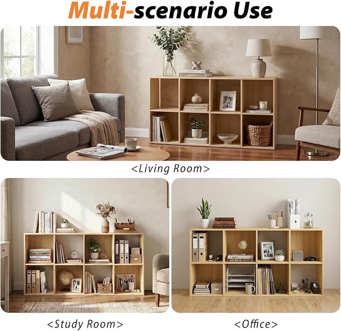 WannabeMyself【Sturdy Build&Easy Assembly】8 Cube Storage Organizer with Anti-Tipping Kits,Reversible Open Back Book Shelf, Bookcase for Living Room,Bedroom,Entrance Hall,Office,24.1×11.4×47.7,Oak Color