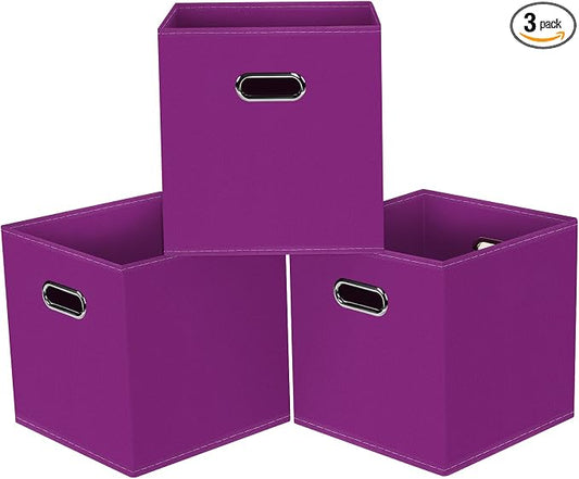 Black Foldable Storage Cubes Bins, Fabric Storage Box Cubes Organizer Baskets with Dual Handles for Home Organizer,Set of 3,(Purple)