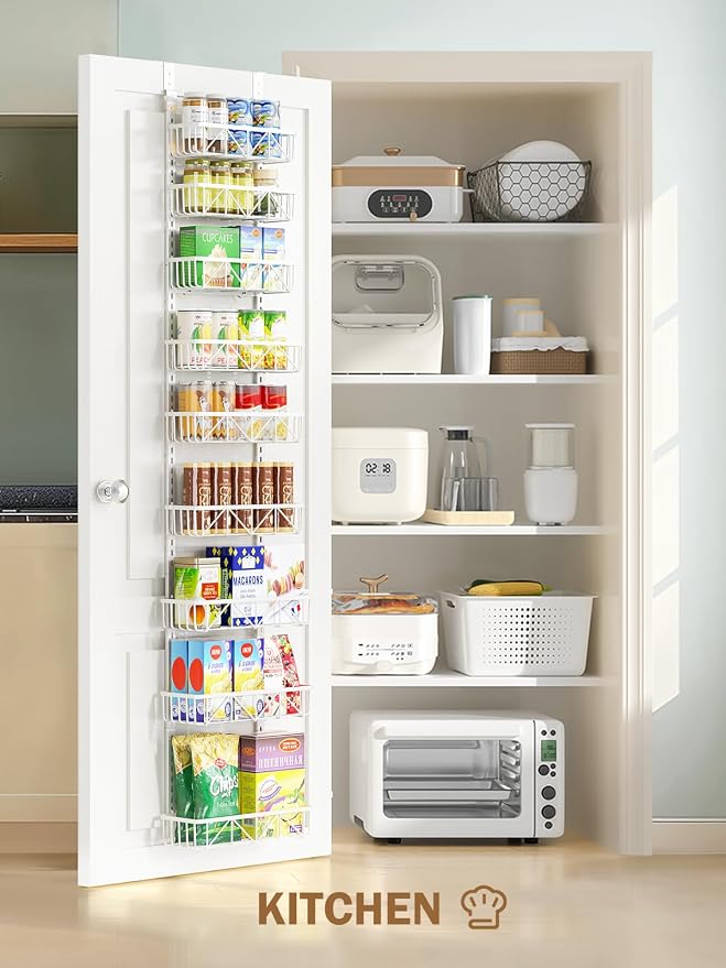 Delamu Narrow 9-Tier Over the Door Pantry Organizer, Adjustable Pantry Storage, Metal Hanging Spice Rack, Cabinet Door Organizer for Kitchen, Bathroom, Laundry Room, 12.5" White
