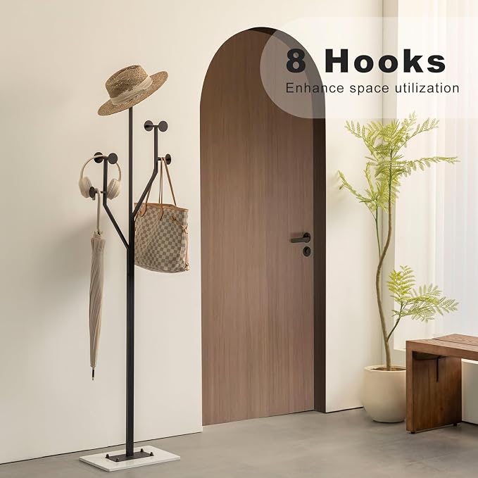 JIAYUEJU Freestanding Coat Rack Coat tree for Entryway Bedroom (Black) | Tree-shaped, Easy Assembly, Space Saver, Heavy Duty, Metal Frame, Marble Base, 8 Hooks, Living Room, Office, Corner