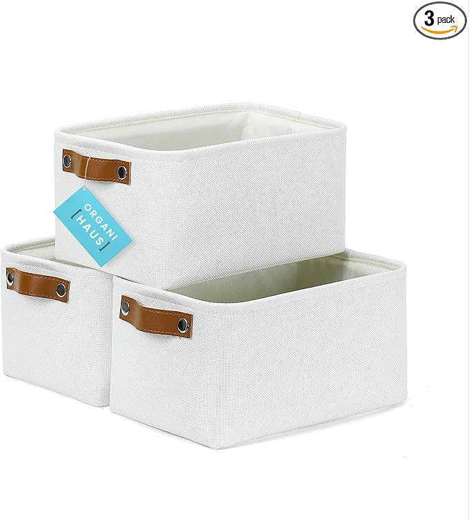 OrganiHaus 12x8in Canvas Storage Baskets, 3 Pack - Fabric Bins for Shelves | Vegan leather handles; a decorative pantry and office organizer, container for desk and books