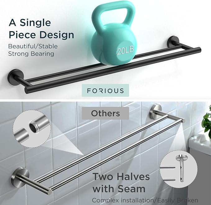 FORIOUS Double Towel Bar 24" Towel Racks for Bathroom Wall Mounted Black | Total Length 26 Inch, Rustproof, Stainless Steel Towel Holder, Wall Mounted for Bathroom Bedroom, Heavy Duty, Space Saving