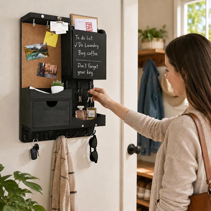 Key Holder Wall Mount, Mail Organizer Key Holder for Wall with Shelf, Drawer, Chalkboard, Corkboard, Home Decor Mounted for Room Entryway (Black)