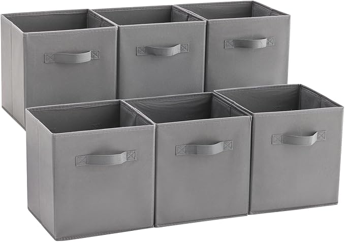 MAX Houser 6 Pack Foldable Fabric Storage Bins with Handles, Grey 10.5x10.5x11 Inch