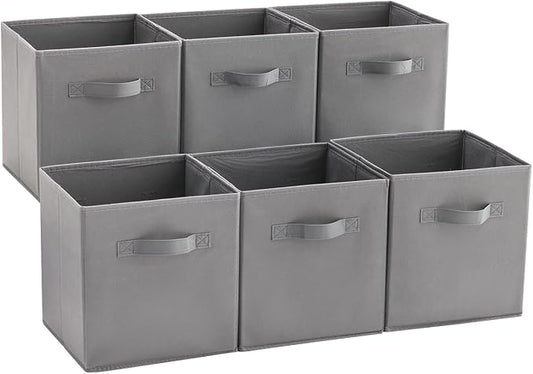 MAX Houser 6 Pack Foldable Fabric Storage Bins with Handles, Grey 10.5x10.5x11 Inch