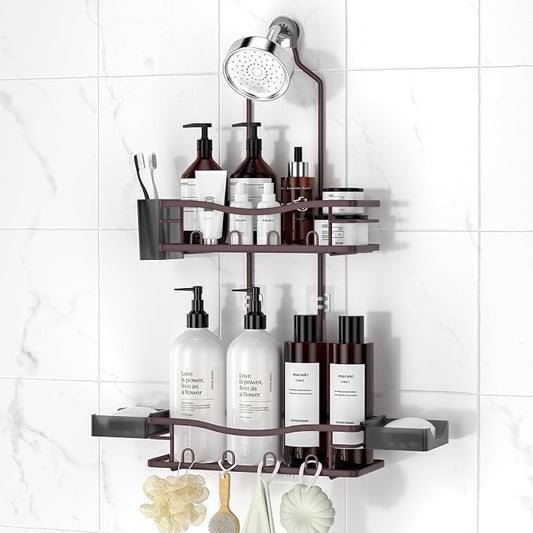 Rustproof Shower Caddy Hanging with Soap Holders for Bathroom, Bronze | Shower Organizer with Multi Hooks Toothbrush Holder, No Drilling, Anti-Swing, Storage for Shampoo Conditioner Body Wash