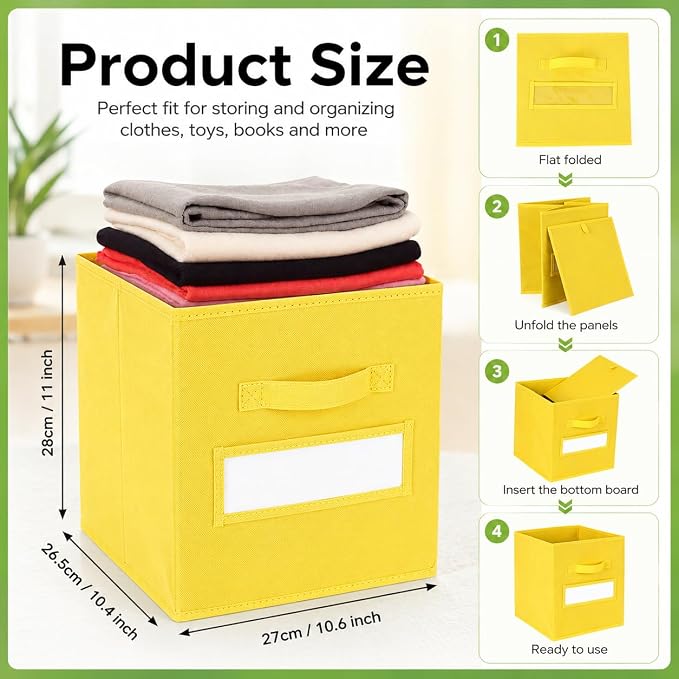 clothmile 6 Pack 11 Inch Fabric Storage Cubes with Label Windows | Collapsible fabric bins fold flat and include handles with sturdy base inserts for shelves closets classrooms and playrooms