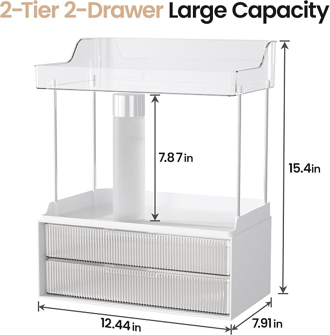 Delamu 4-Tier Makeup Organizer, Bathroom Counter, 2 Drawers,Clear 2Pack | Elegant Vanity Organizer Gift for Women, Holds Perfume, Skincare, Nail Polish & Hair Accessories for Bathroom Countertop