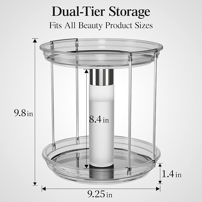 Delamu 2 Tier Rotating Makeup Organizer for Vanity, Skincare Organizer for Bathroom Counter, Spinning Perfume Organizer Cosmetic Holder with Large Capacity, Grey