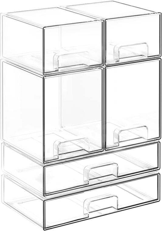 Stackable Storage Drawers, 6 Pack Clear Acrylic Makeup & Bathroom Organizer, Versatile Storage Bins for Vanity, Under Sink, Kitchen Cabinets & Pantry