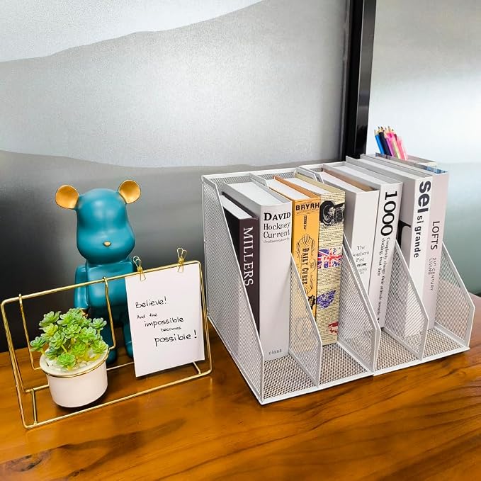 Mesh Magazine File Holder, 2 Pack Set, with Pen Holder | Sturdy Desk Organizer. 4 compartments for magazines, documents. Desktop storage for office & home. White.