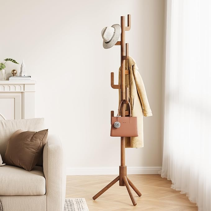 Yoobure Solid Wood Coat Rack - Cactus Coat Tree Freestanding with 8 Hooks, Coat Hanger Stand with 3 Adjustable Sizes for Jacket, Hat, Clothes Stands for Hall, Entryway, Bedroom, Office, Living Room