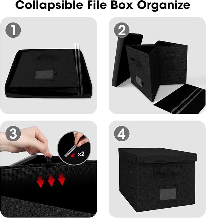 File Organizer Boxes with Lid, Linen Hanging File Storage Boxes with Handle, Collapsible Document Filling Boxes for Letter/Legal Folder, Portable File Box for Office/Decor/Home (2 Pack, Black)