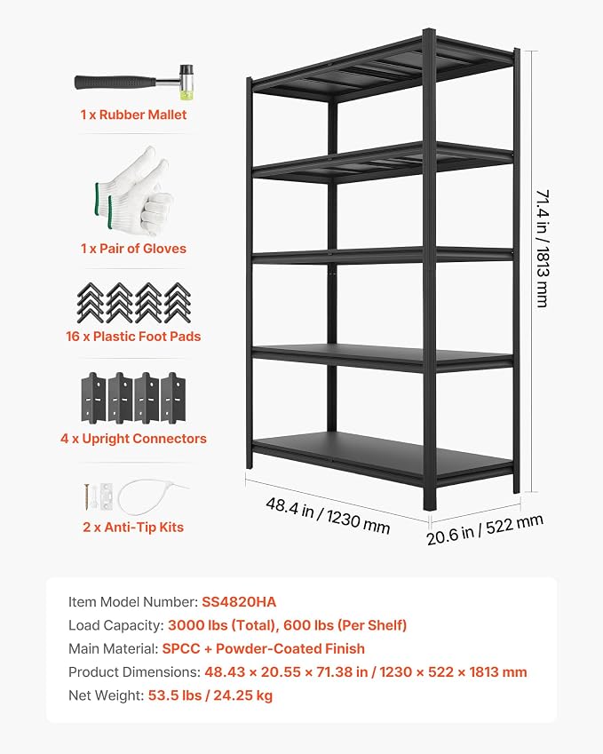 VEVOR Garage Shelving, 5-Tier Adjustable Storage Shelves, 3000 lbs Heavy Duty Garage Shelves, Metal Utility Rack Shelf for Garage Workshop Warehouse Basement, 48.43" W x 20.55" D x 71.38" H