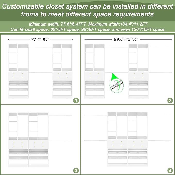 Besiost Closet System, Up to 134"/11.2 FT Closet Organizer with 4 Wooden Drawers and Shelves, Walk-in Closet System with 6 Hanging Rods, Built-in Closet Can Fit 96"/8FT, 120"/10FT, White Set 2