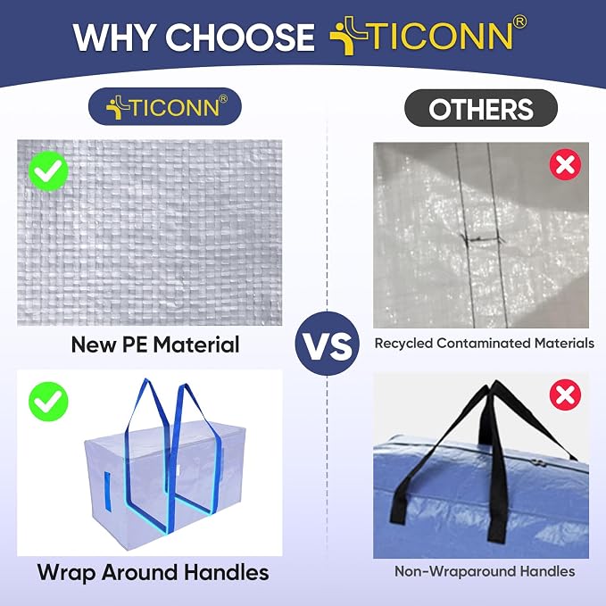 TICONN 8 Pack Extra Large Moving Bags Heavy Duty with Zippers & Carrying Handles, Durable Storage Bags Moving Boxes for Closet Organizers and Storage (8 Pack, Blue)