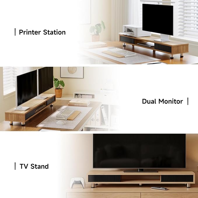 Fenge Dual Monitor Stand with Storage, Desk Shelf with Glass Sliding Door | Ergonomic Height Adjustment, 42.5in Monitor Shelf, 2-Tier Monitor Riser, Desk Organizer for Screen, PC, Laptop, Dark Oak