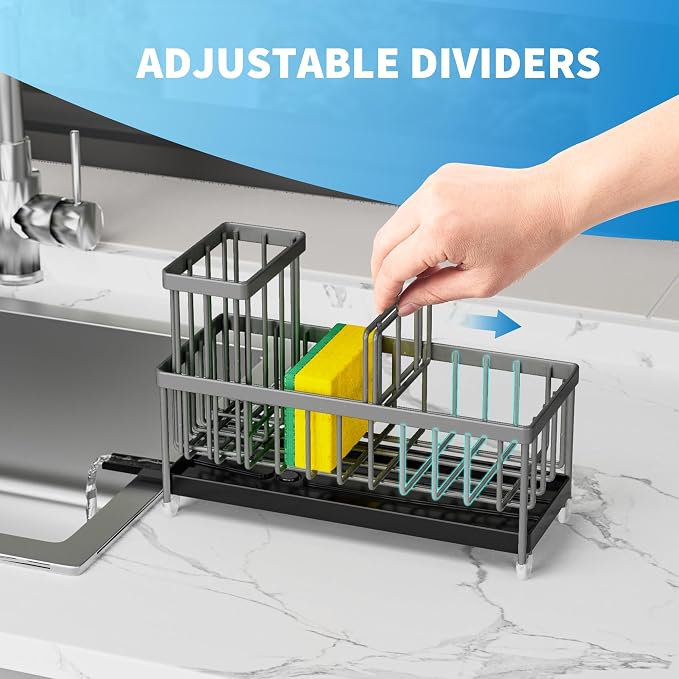 Cisily Sponge Holder for Kitchen Sink, Sink Caddy Organizer with High Brush Holder, Kitchen Countertop Organizers and Storage Essentials, Rustproof 304 Stainless Steel (Dark Grey, 9.25″)
