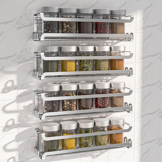 LUCYCAZ 4 Pack Wall Mounted Spice Rack for Kitchen Cabinet,RV,Camper,Sliver | 16 Metal Hooks, Space-Saving,Screw or Adhesive Spice Shelf Hanging,for Pantry Door Spice Jars & Seasonings,11.41×2.75×2.36in