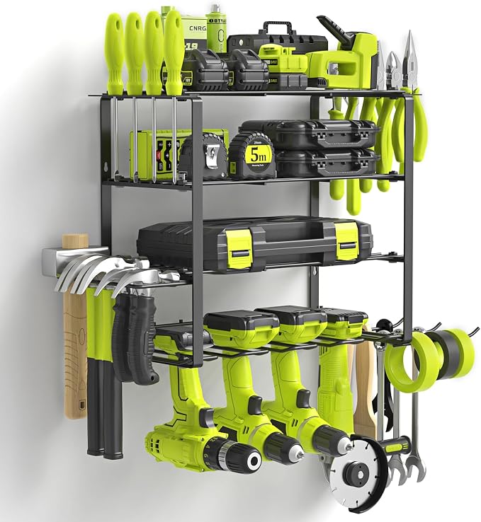 SUNALLY Power Tool Organizer, 4 Drill Holder Wall Mount Tool Storage Rack | Metal Tool Storage Rack with 4 Drill Holders, Heavy Duty Power Tool Shelf for Garage,Warehouse,Workshop, Gift for Men,Husband