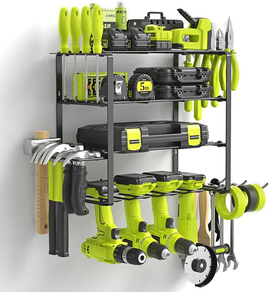 SUNALLY Power Tool Organizer, 4 Drill Holder Wall Mount Tool Storage Rack | Metal Tool Storage Rack with 4 Drill Holders, Heavy Duty Power Tool Shelf for Garage,Warehouse,Workshop, Gift for Men,Husband