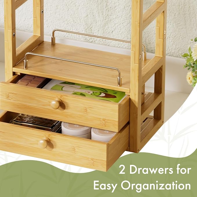 AmazerBath Bamboo Bathroom Counter Organizer, 2-Tier Makeup Organizer with 2 Drawers, Vanity Organizer Storage Coffee Matcha Station, Compact Shelf for Bathroom Kitchen Office Countertop