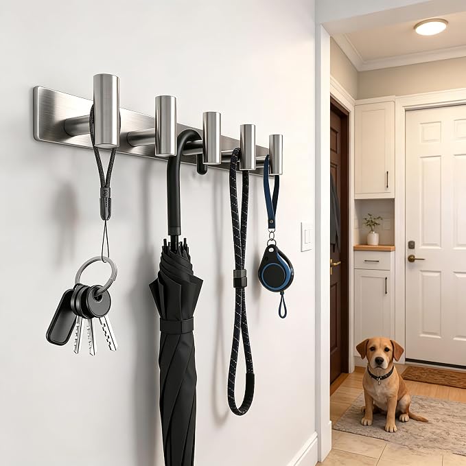Brushed Nickel Coat Rack Wall Mount - 5 Hooks, Heavy Duty Stainless Steel Wall Hooks for Towels, Coats, Robes, Bags, Hats, Keys, Wall Coat Hanger for Bathroom, Entryway, Kitchen, Hotel, Bedroom,Office