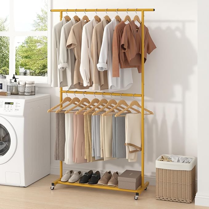 Sywhitta Double Rod Metal Clothing Rack on Wheels with Bottom Mesh,Gold | Rolling Garment Organizer, for Hanging Clothes,Coats,Easy to Assemble,Space-Saving,Mobile Organizer for Closet