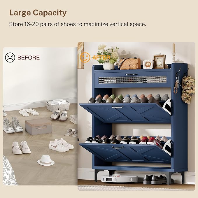 Shoe Cabinet with 2 Flip Drawers & Top Drawer, Farmhouse Narrow Shoe Storage Cabinet with Adjustable Shelves & Hooks, Freestanding Hidden Slim Shoe Rack Cabinet for Entryway, Hallway, Blue