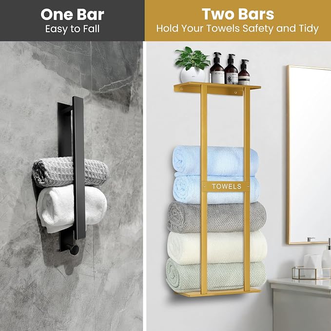 Bathroom Towel Storage Rack, Wall Mounted Bathroom Towel Rack, 30 inch Heavy Duty 6 Large Towels, Wall Mounted Towel Rack for Rolled Towels, Gold