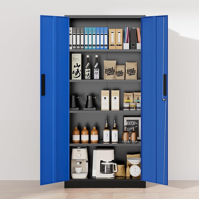 Greenvelly Metal Garage Storage Cabinet, 72" Black Blue Tool Steel Locking Cabinet with Doors and 4 Shelves, Tall Cabinets for Garage Storage Systems Lockable File Cabinet for Home Office,Garage