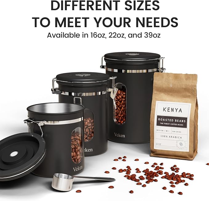 Veken Coffee Canister with Window, 39OZ Large Airtight Stainless Steel Jars | Kitchen Food Storage Pantry Container for 2.2lbs Beans,Ground,Espresso,Rice,Tea,Sugar,Bar Accessories,Gifts,Lids, Scoop,Black