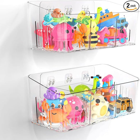 Bath Toy Storage 2 Packs, Large Bath Toy Holder - 3 Compartments, Quick-Dry | BPA-Free Bathtub Toy Organizer, Wall-Mounted Adhesive Shower Caddy, Bathroom Toy Basket & Bin for Baby, Toddler, Kids, Clear