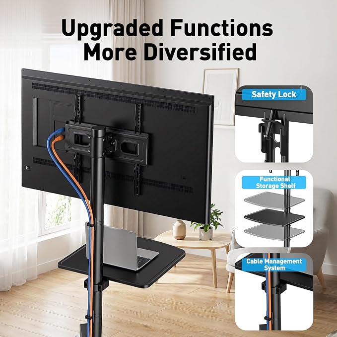 PERLESMITH Rolling TV Stand for 23-63 Inch Flat/Curved Screen TVs up to 88 lbs, Mobile TV Stand on Wheels, Portable TV Stand with Tilt & Height Adjustable,Outdoor TV Stand Max VESA 400x400mm