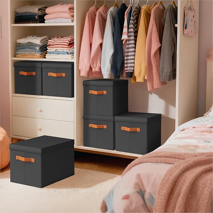 Homsorout Storage Bins with Lids - Fabric Storage Baskets for Shelves, 4 Pack Foldable Decorative Boxes with Handles, Stackable Organizer Bins for Home, Nursery, Dorm, Black