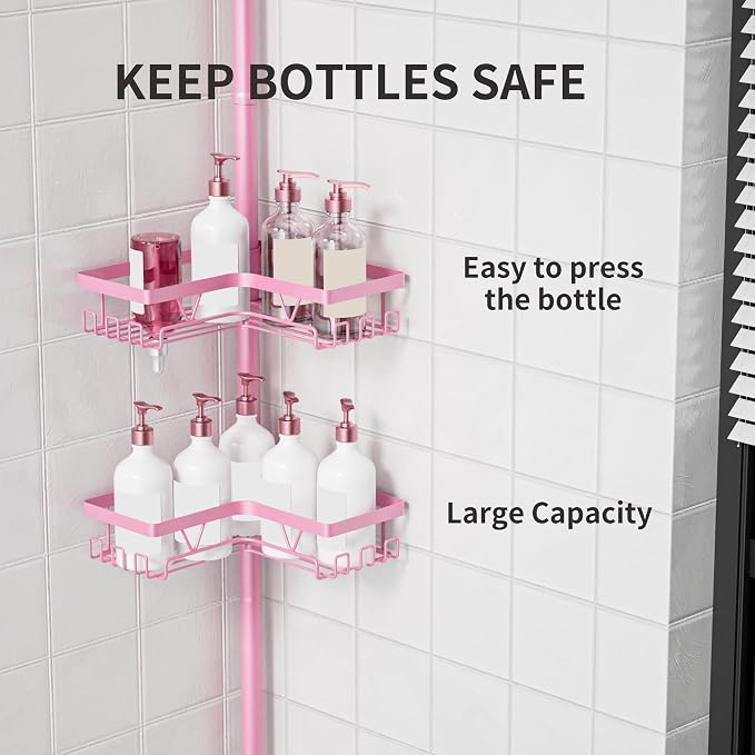 KEGII Corner Shower Caddy Tension Pole, Bathtub Shelf, Pink | 28 Hooks and 4-Tier Large Capacity Organizer, Waterproof, Stainless Steel Shower Rack Fits 25-114.2 inch Heights