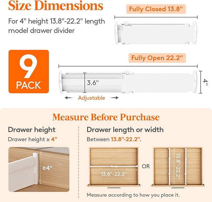 Lifewit 9 Pack Drawer Dividers for Clothes, 4" High 13.8"-22.2" Expandable Dresser Drawer Organizers, Adjustable White Plastic Separators for Kitchen, Cabinet, Nursery, Socks & Underwear Storage