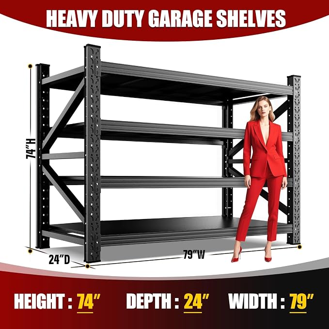 4 Pack Heavy Duty Metal Garage Shelving, 74" Hx79 Wx24 D, 4-Tier Adjustable Storage Shelves for Garage Storage, Industrial Metal Shelving & Shelves Organizer for Warehouse, Workshop & Home